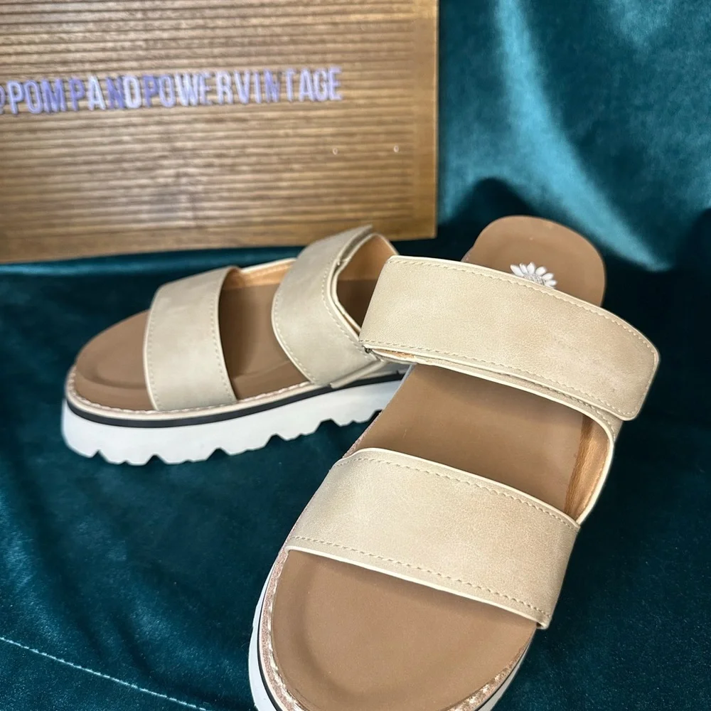 Yellow Box White Platform Slide Sandals with Tan Footbed - Picture 2 of 4